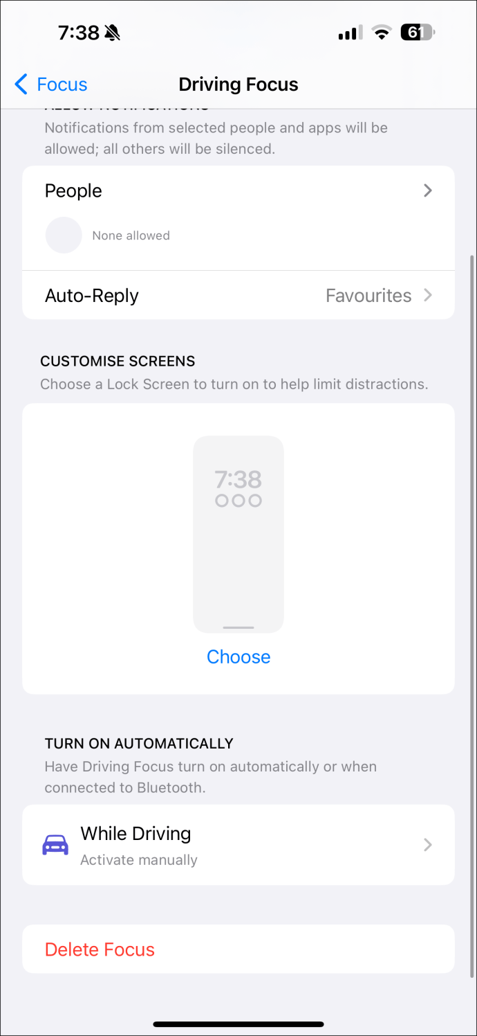 The Driving Focus settings on iPhone.