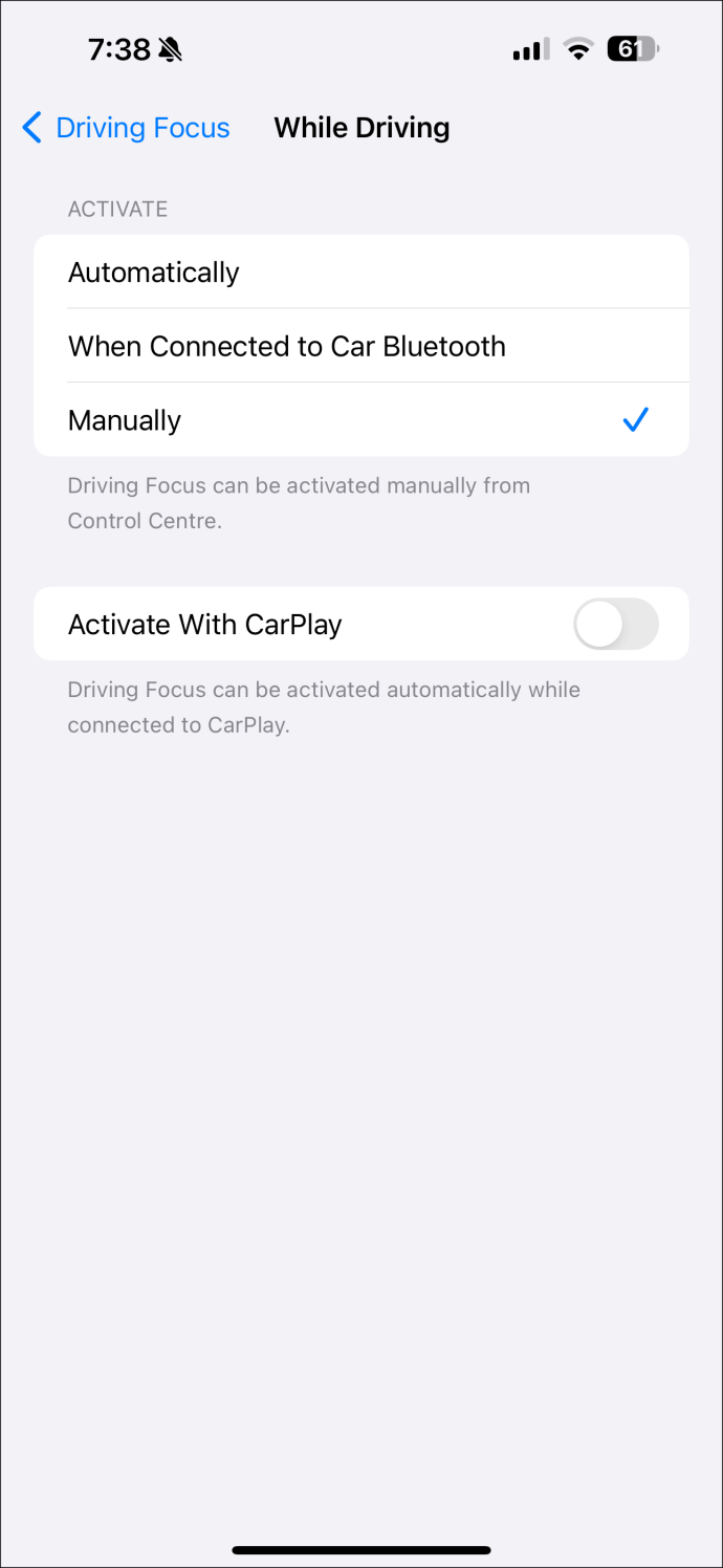 The While Driving Focus settings on iPhone.