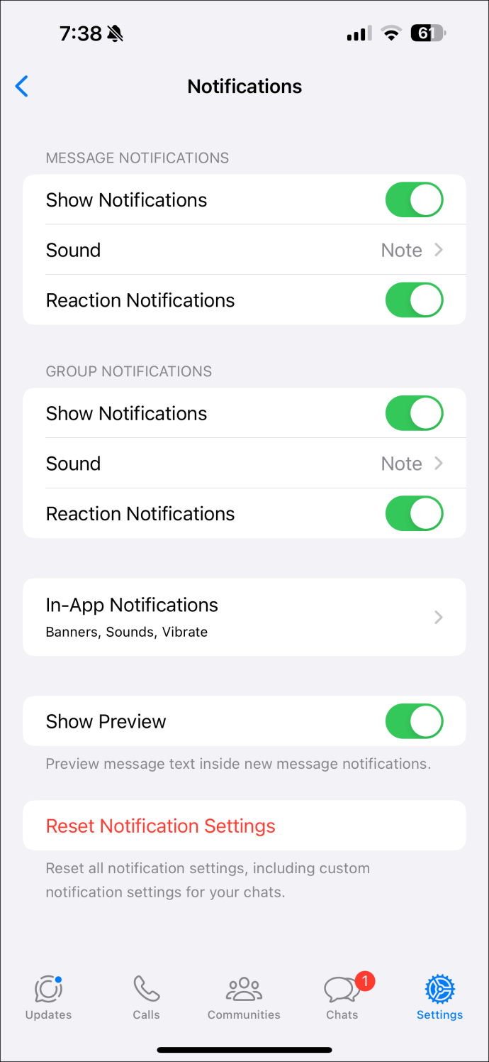 Message notifications page of WhatsApp for iPhone