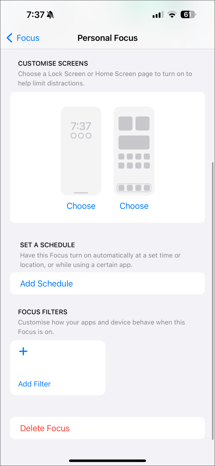 The Personal Focus settings on iPhone.