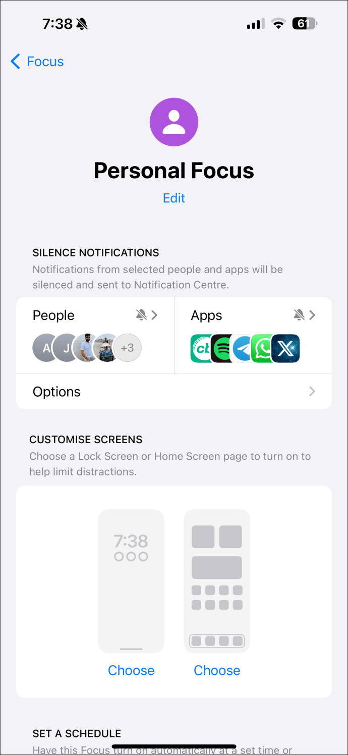 The Personal Focus people settings on iPhone.
